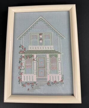 Vintage Finished Cottagecore House Needlepoint Wall Art - Custom Framed Victoria